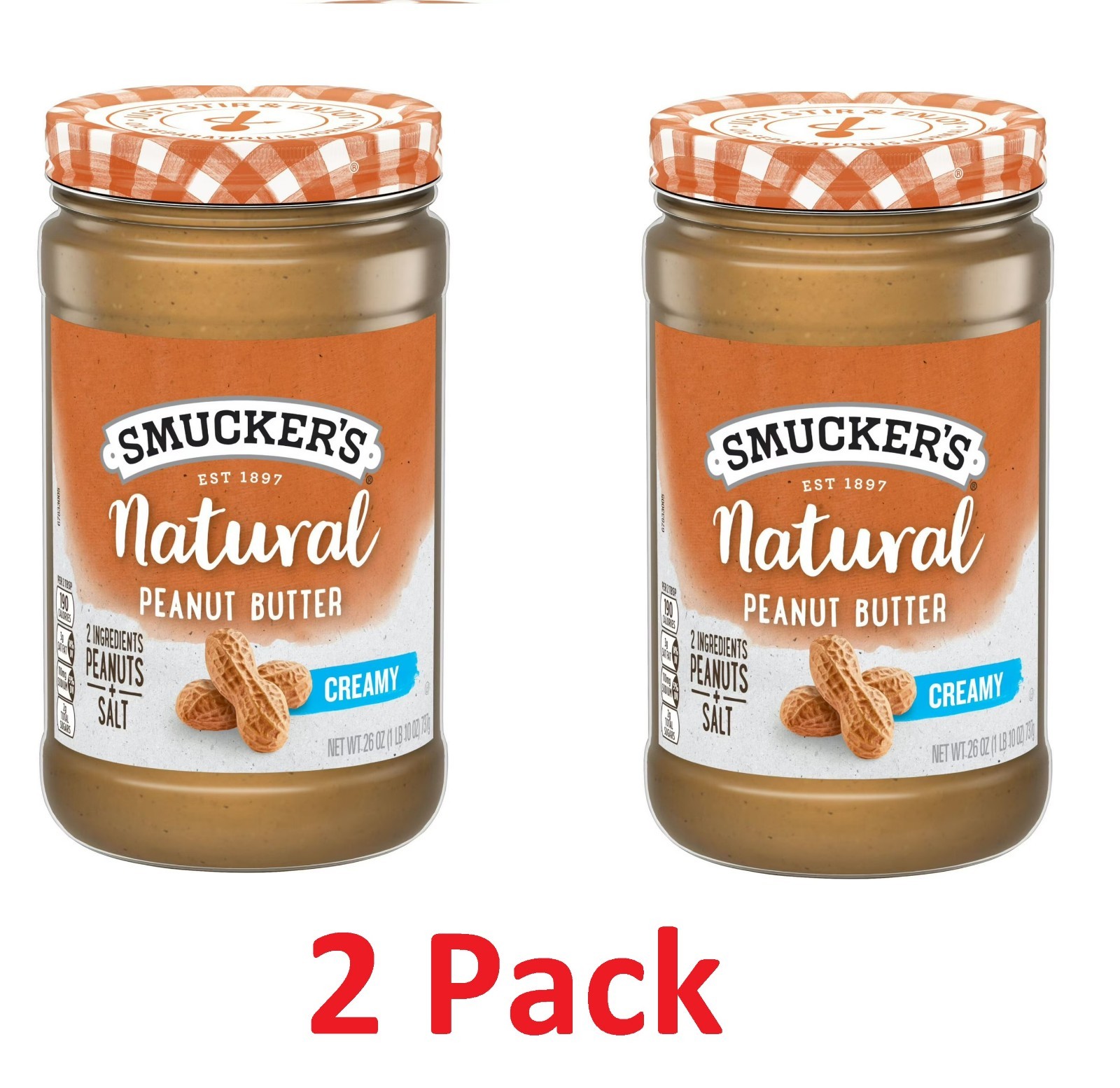 2 Pack Smucker’s Natural Creamy Peanut Butter 26 oz Jars No Stir Added Salt