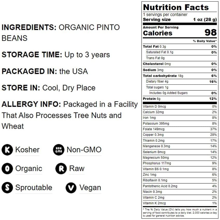 Organic Pinto Beans – Sproutable, Non-GMO, Kosher, Raw, Vegan – by Food to Live