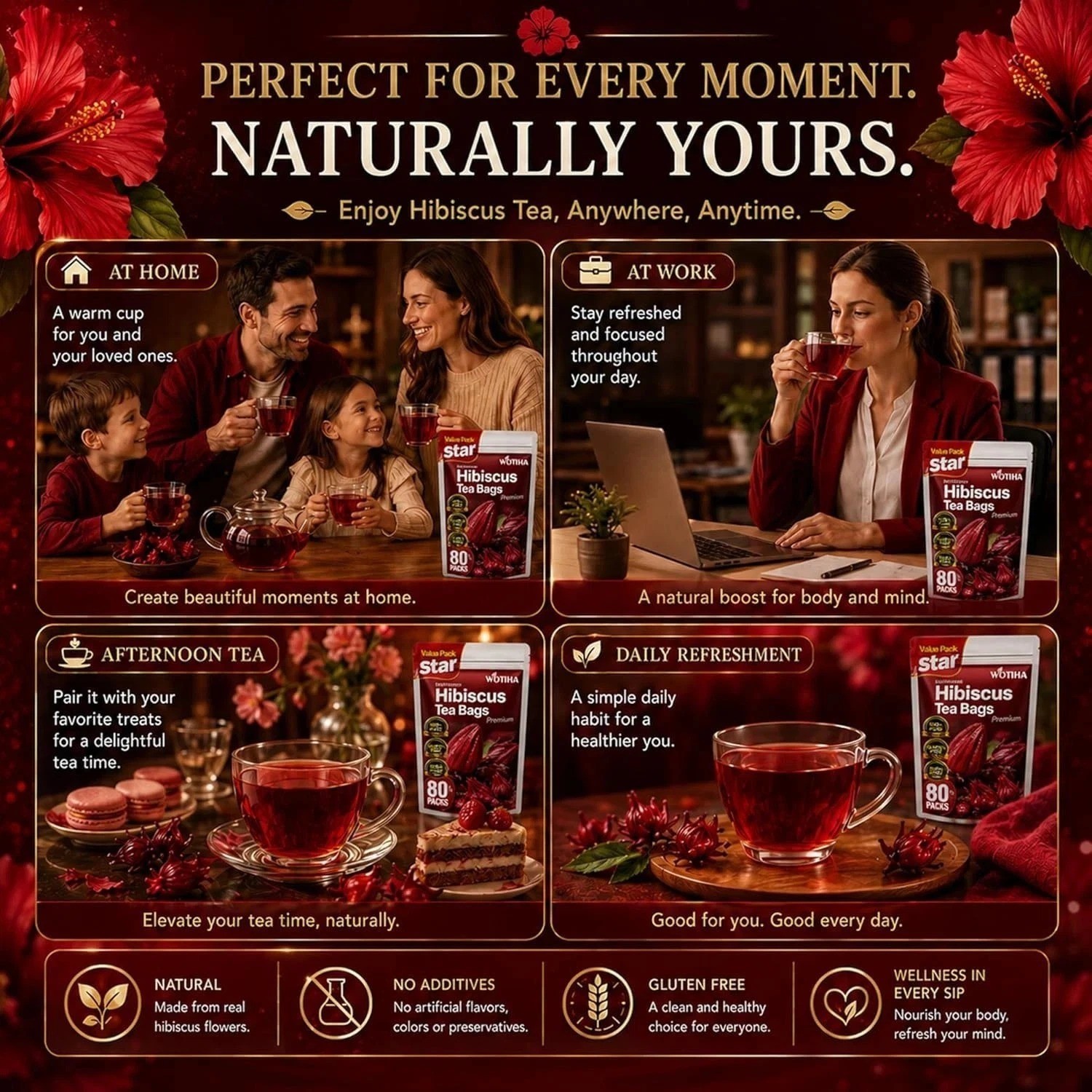 Premium 80 Hibiscus Flowers Tea Bags, 100% Natural, Handmade & Pure from Hibi
