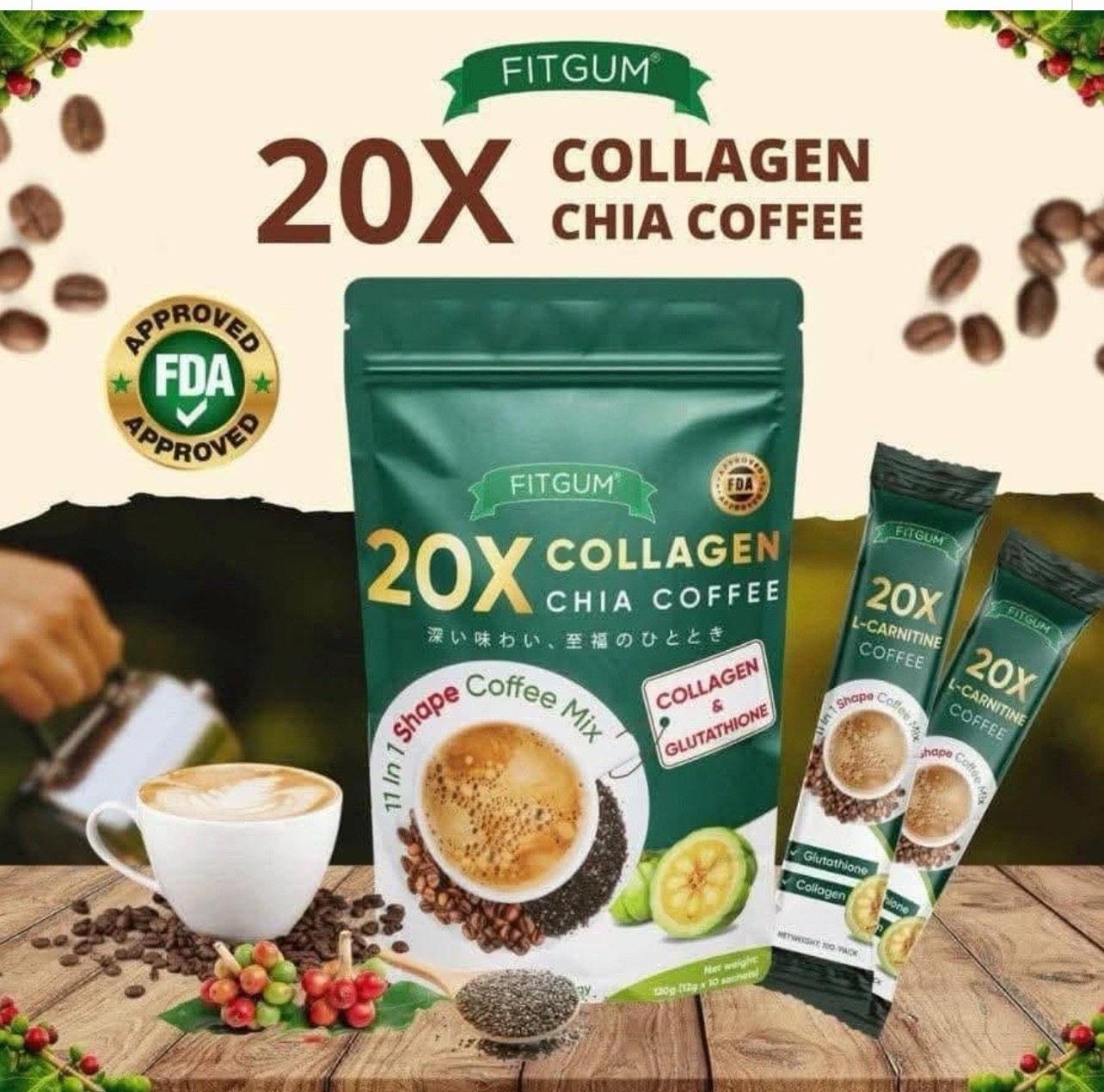 2X FITGUM Collagen Chia Coffee – 11 in 1 Coffee Mix 20 Sachets