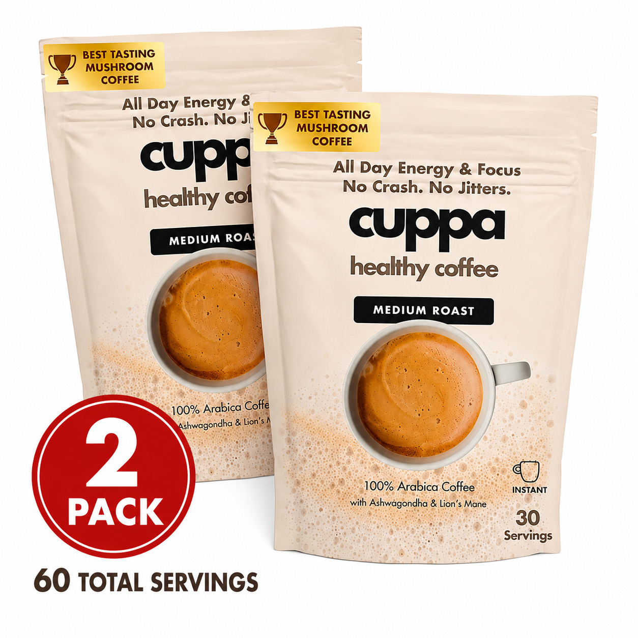 Cuppa Mushroom Coffee Medium Roast Lion’s Mane 60 Servings 2 x 30 Pack Organic