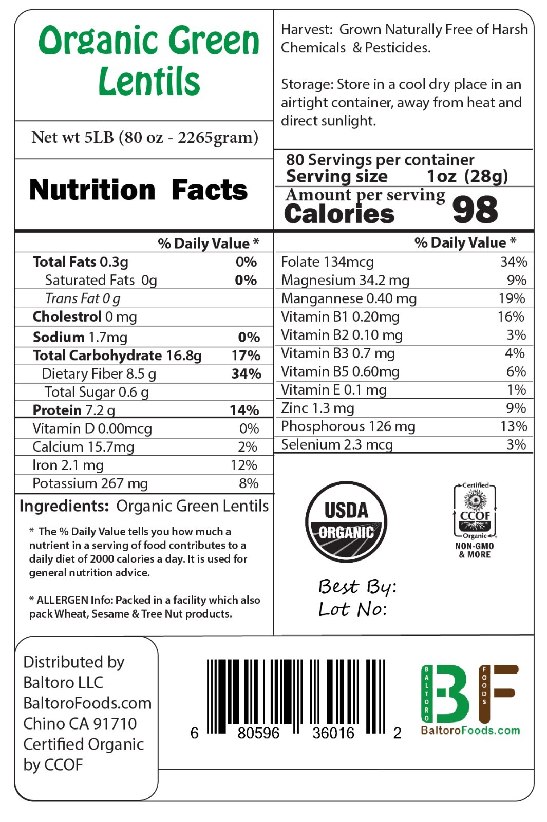Organic Green Lentils Whole Raw, High Fiber Non-GMO-Bulk