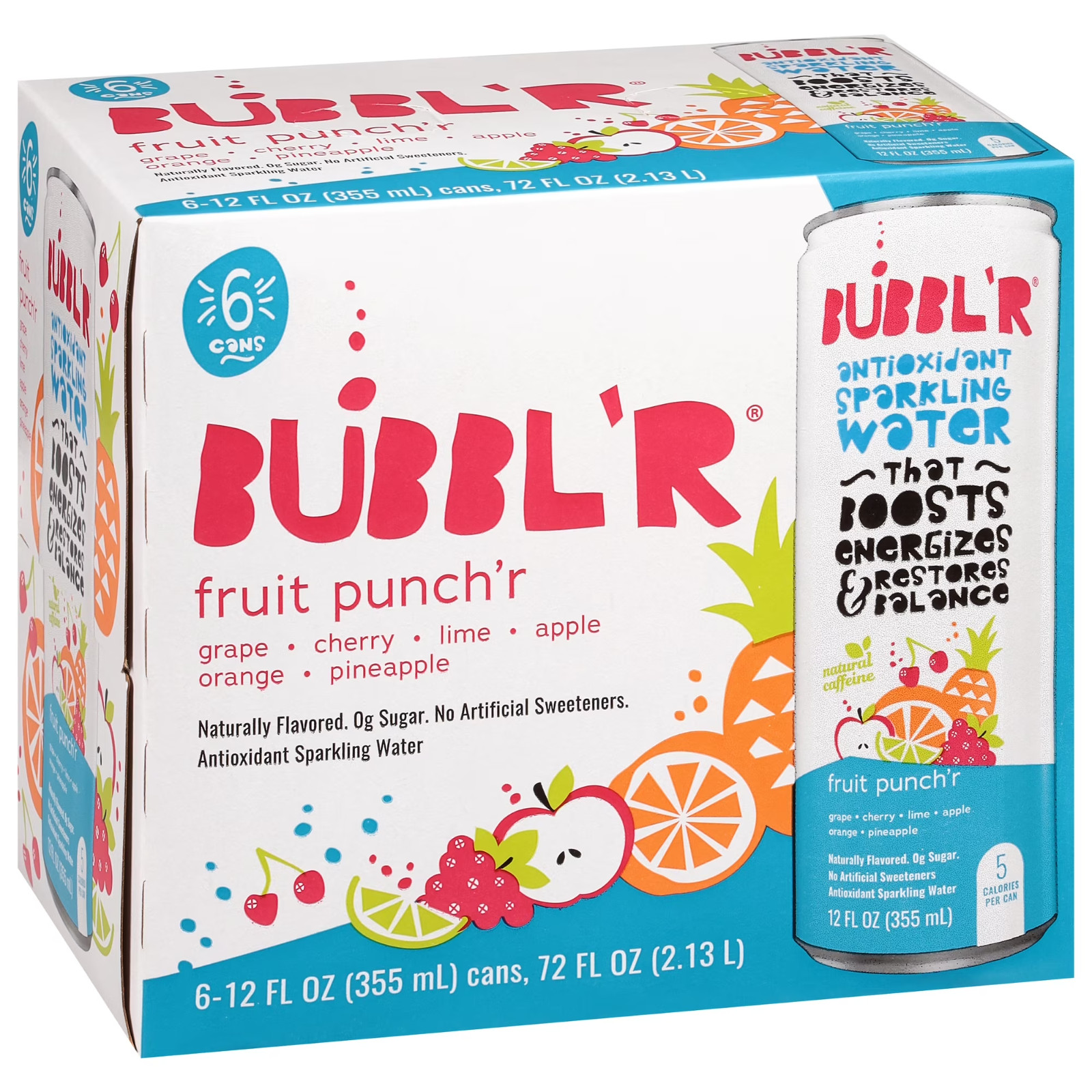 BUBBL’R Antioxidant Sparkling Water, Fruit Punch’r, 12 fl oz, 6 Pack Cans