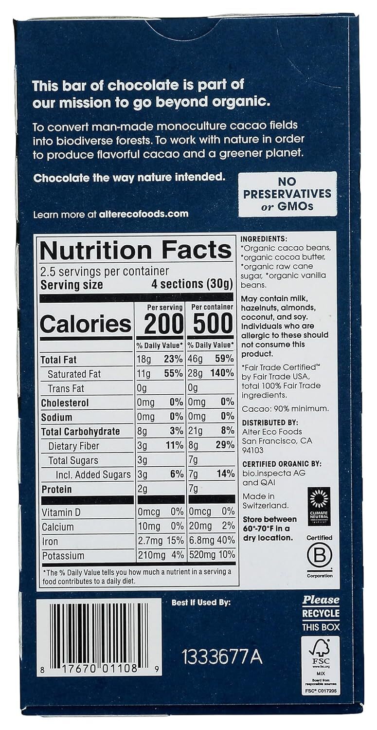 Alter Eco Organic Chocolate Bar Dark Super Blackout 2.65 Oz