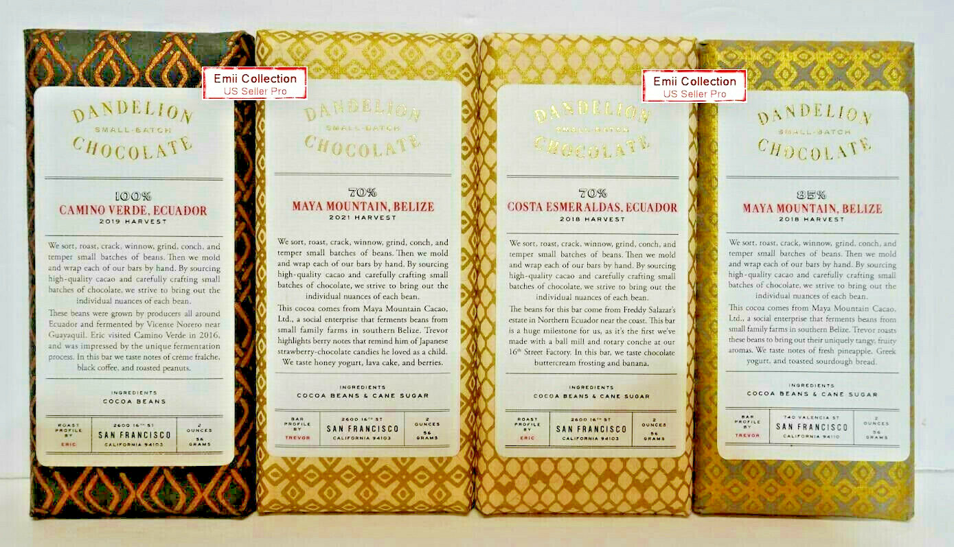 Dandelion 100% Camino Verde 70% & 85% Maya Mountain 70% Costa Esmeraldas, 4 Bars