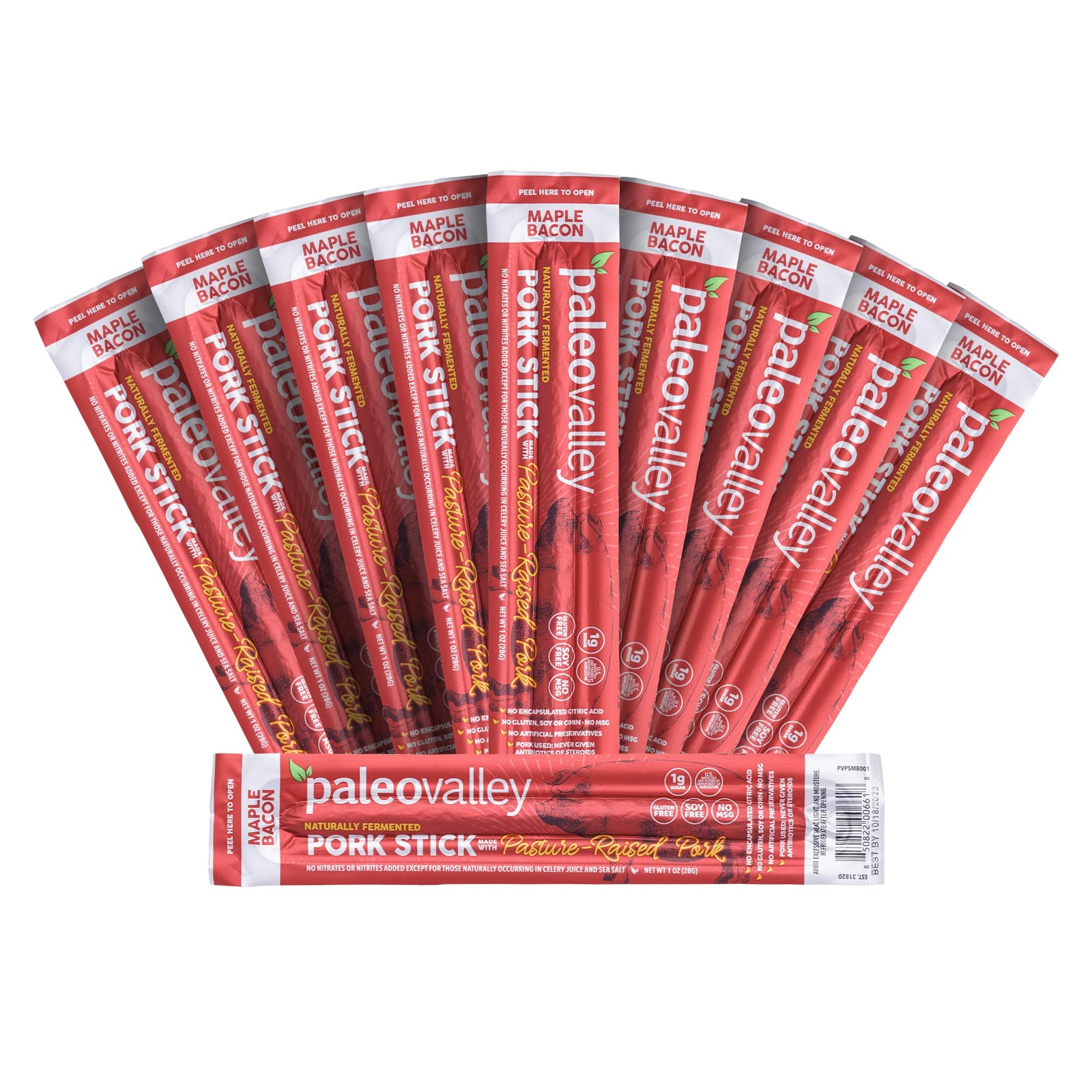 Paleovalley Pasture-Raised Pork Sticks – Maple Bacon 1 Ounce (Pack of 10)