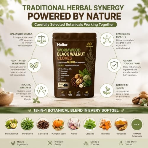 Holior 18-in-1 Black Walnut & Wormwood Herbal Blend for 240 Count (Pack of 1)