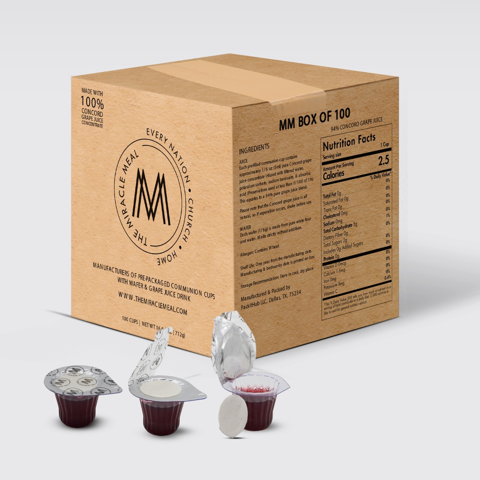 The Miracle Meal Pre-filled Communion Cups & Wafer – Box of 100 Made in USA