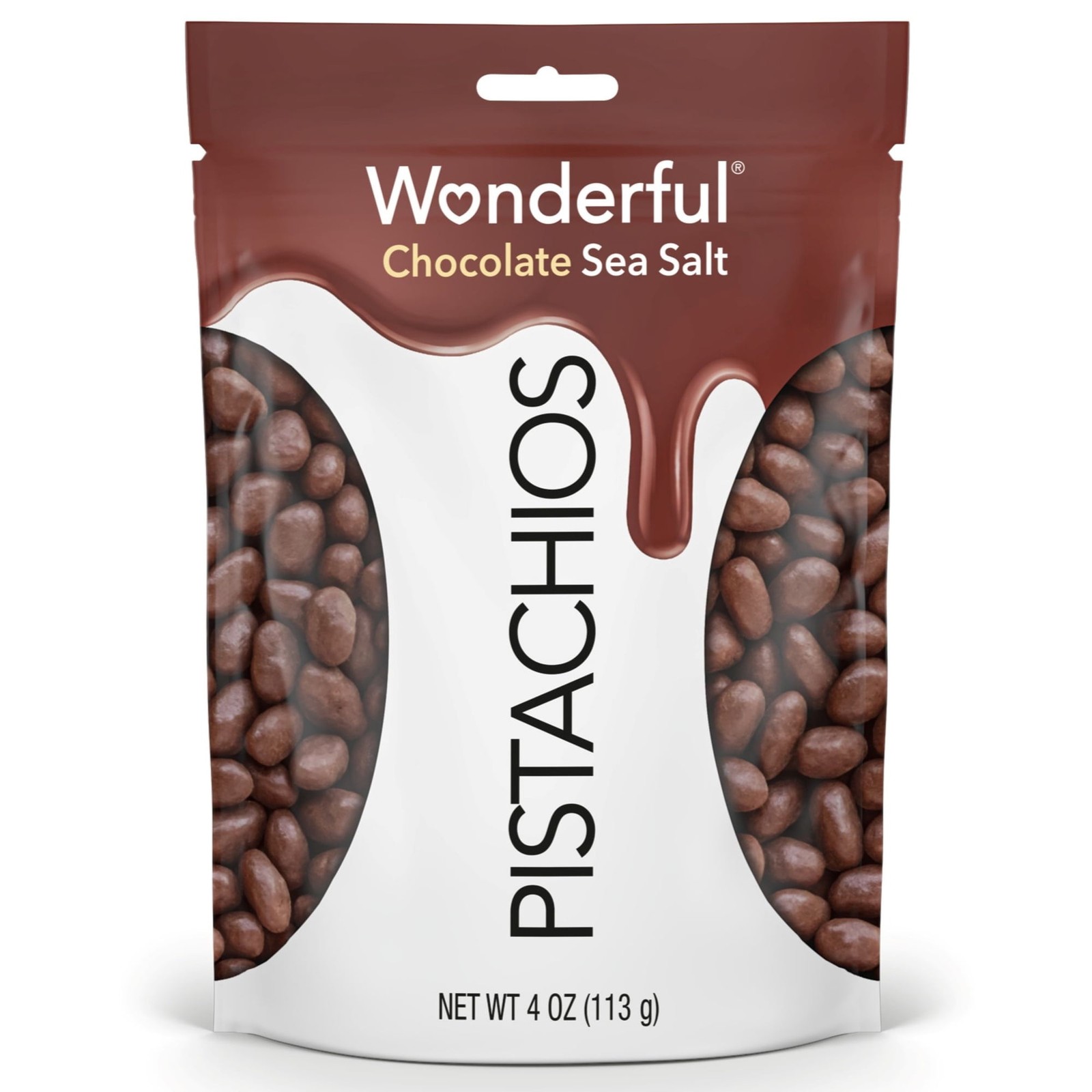 Wonderful Pistachios, No Shells, Chocolate Sea Salt, 4 Ounce Resealable Bag.