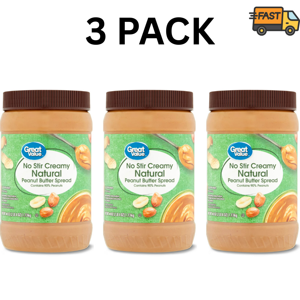 Great Value No Stir Creamy Natural Peanut Butter Spread 40 oz Pack of 3