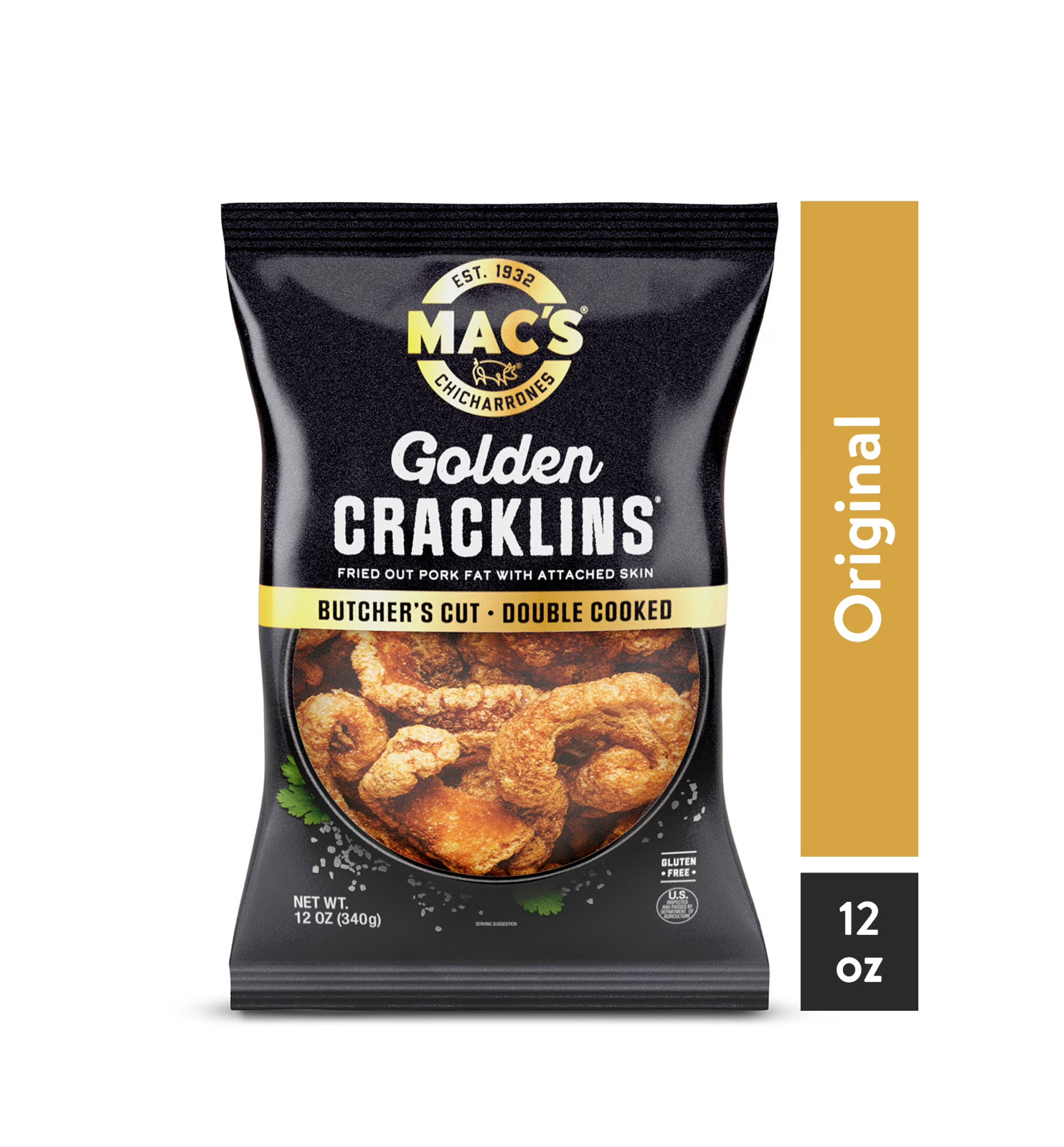 Mac’s Chicharrones Golden Cracklin Curls, Fried Pork Fat with Skin, 12 oz Bag.