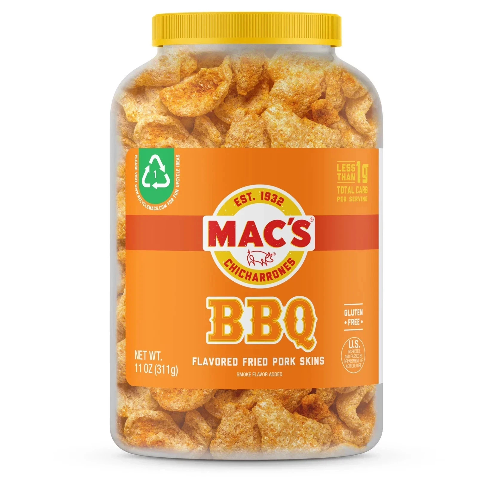 Mac’s Chicharrones BBQ Flavored Pork Rinds, Pork Skins, 11 oz Canister