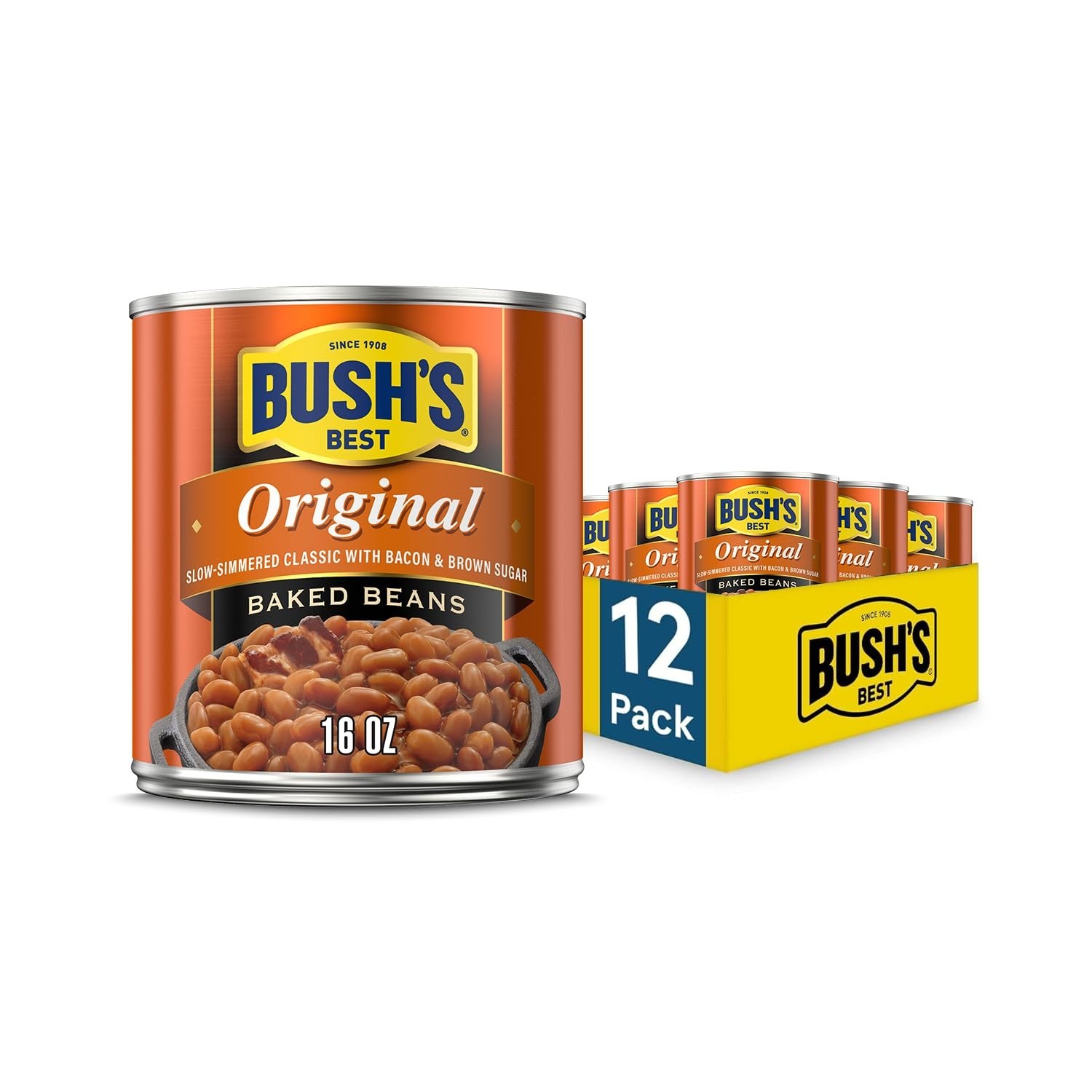 BUSH’S BEST Original Baked Beans 16 oz Canned Gluten Free 12 Pack Low Fat