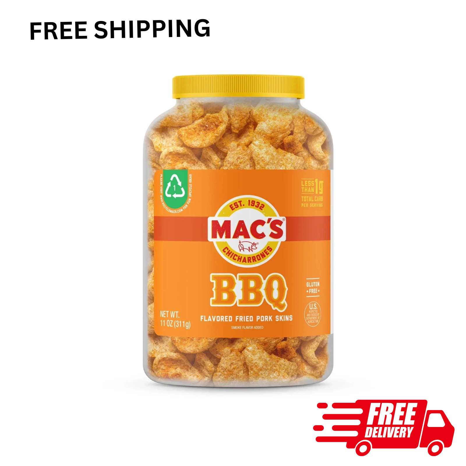 Mac s Chicharrones BBQ Flavored Pork Rinds, Pork Skins, 11 oz Canister*****