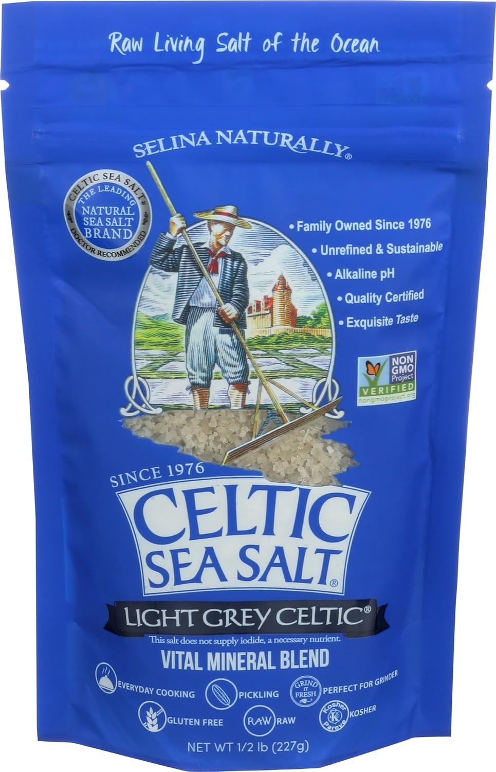 Light Grey Celtic Sea Salt 1/2Lb(8oz)Pound Resealable Bag Additive-Free USA NEW