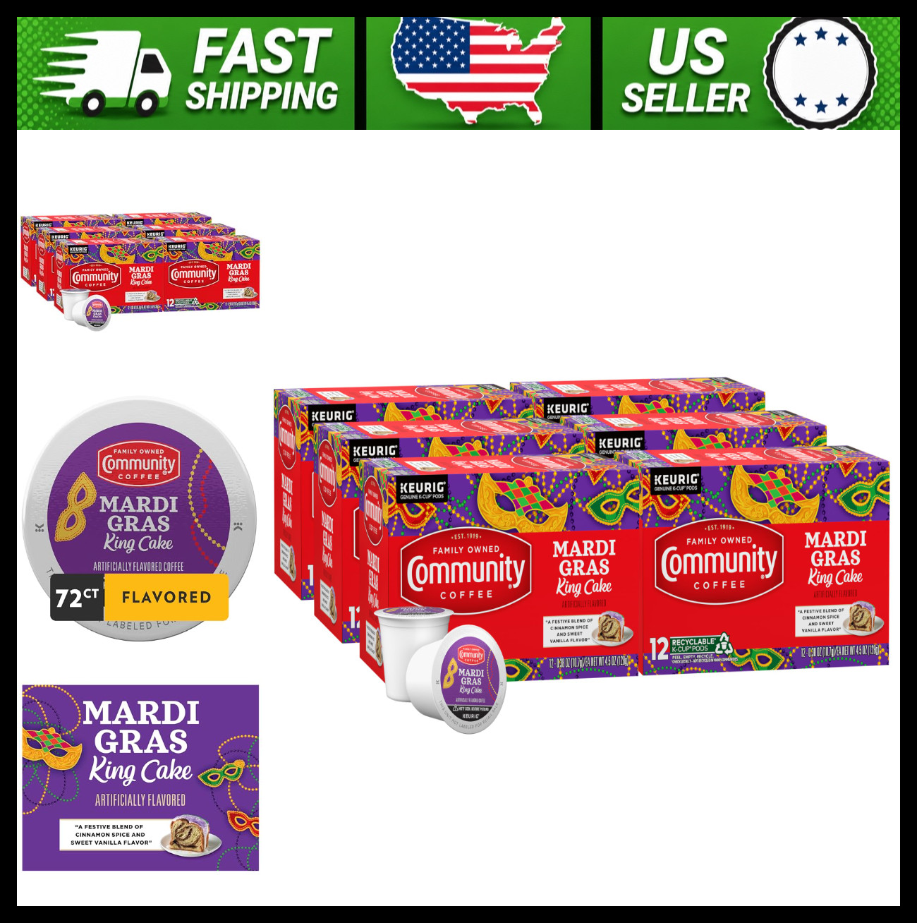 Community Coffee Mardi Gras King Cake Flavored Coffee Pods, 72 Count